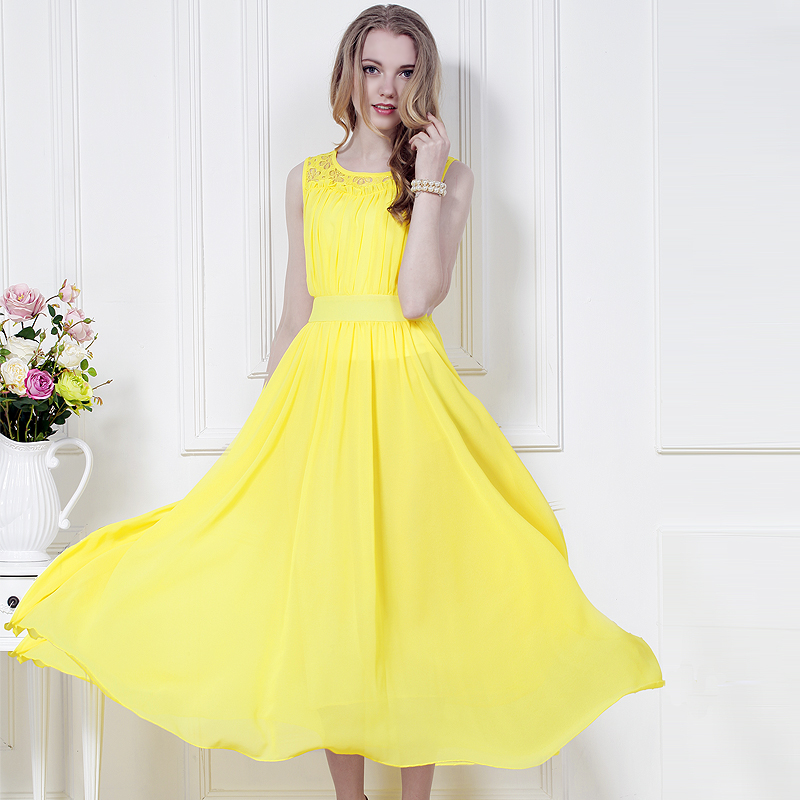 Yellow Sleeveless Long Chiffon Boho Bohemian Dress SD343 on Luulla