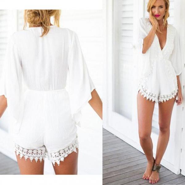 Bohemian Summer Sexy V Neck Crochet Romper Jumpsuit SD4615 on Luulla