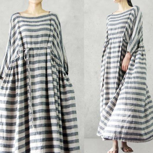 Linen Extravagant Dress With Drawstring High Waist Unique Maxi Dress
